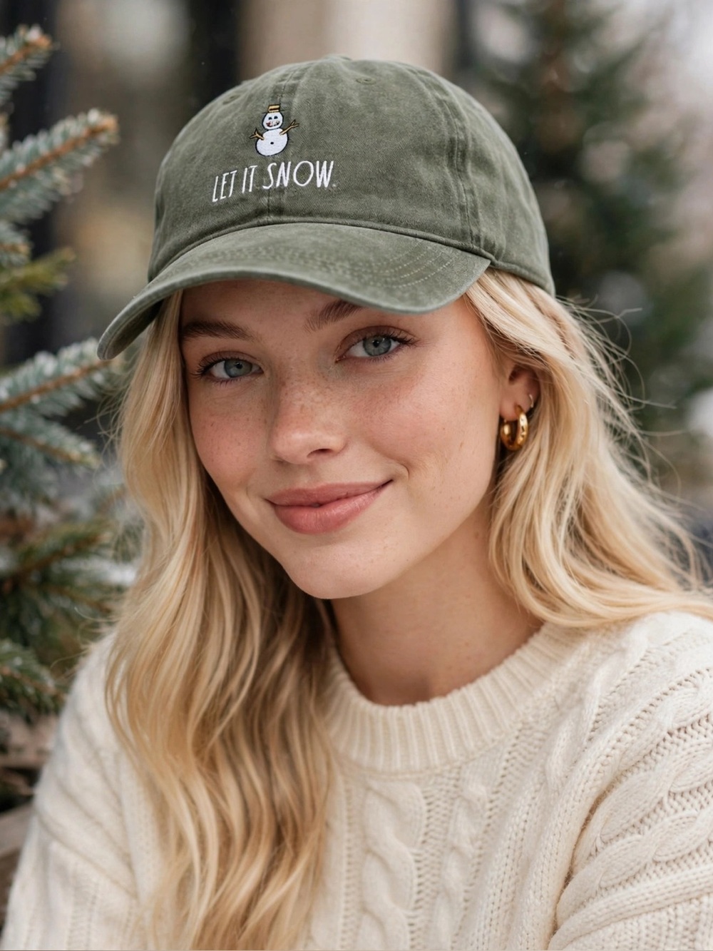 Rae Dunn Let It Snow Snowman Baseball Cap Green